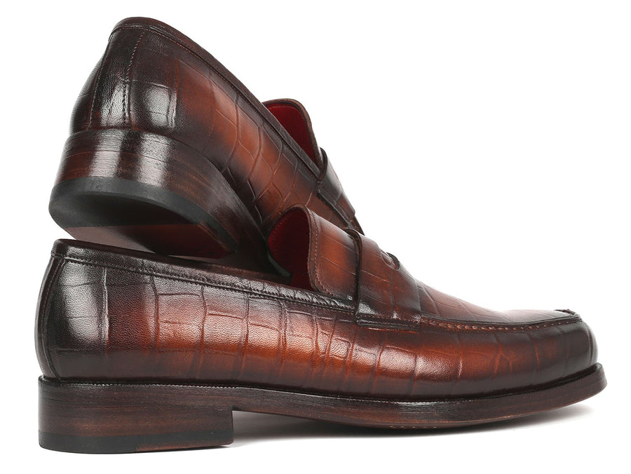 Paul Parkman Brown Crocodile Embossed Calfskin Penny Loafers (ID#3857-BRW)