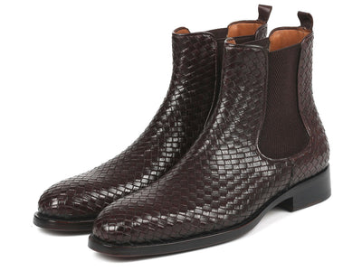 Paul Parkman Chocolate Brown Woven Leather Chelsea Boots (ID#92WN87-BRW)