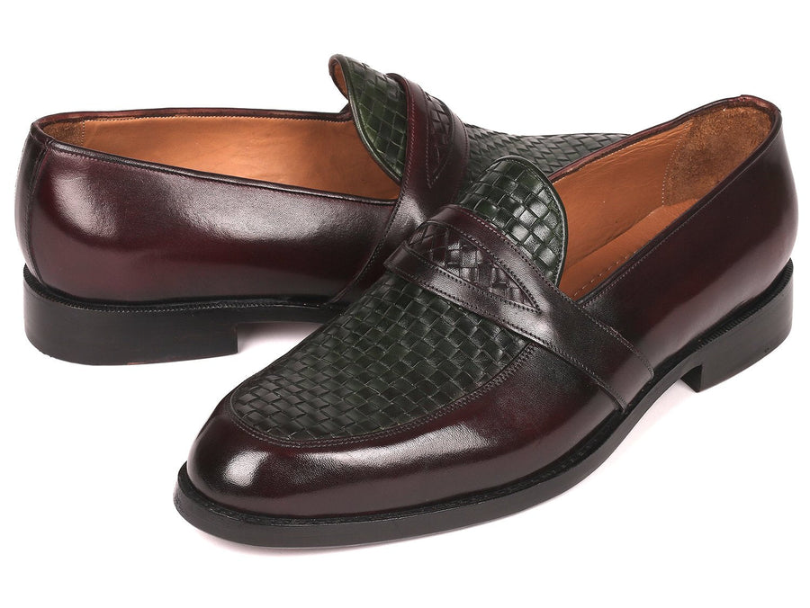 Paul Parkman Woven Leather Loafers Brown & Green (ID#548LF832)